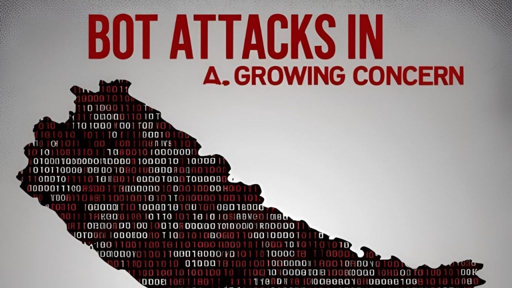A digital illustration of a hacker in a dark hoodie surrounded by binary code and Nepal’s map, symbolizing bot attacks in Nepal.