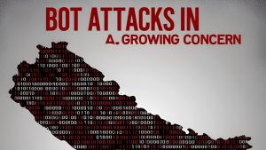 A digital illustration of a hacker in a dark hoodie surrounded by binary code and Nepal’s map, symbolizing bot attacks in Nepal.